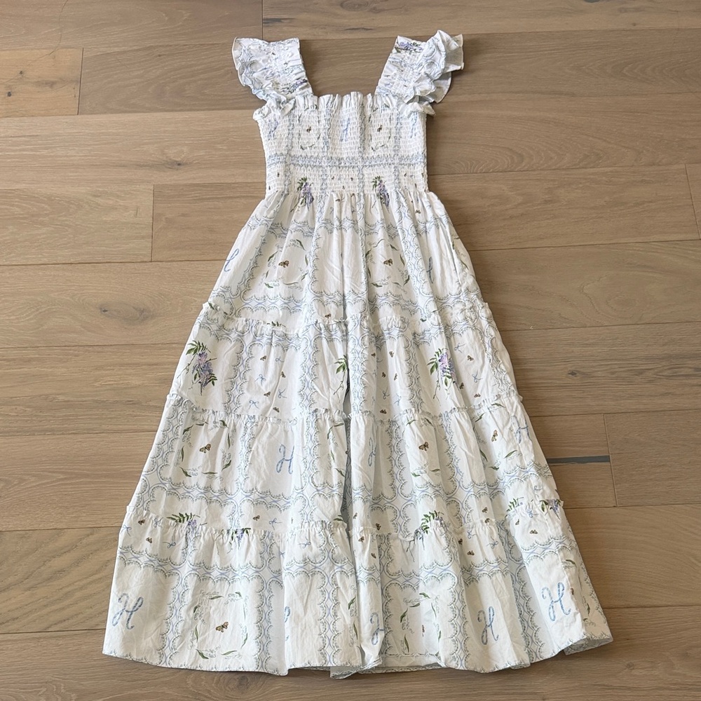 Hill House White Floral Smocked Maxi Dress with Blue and Green Accents